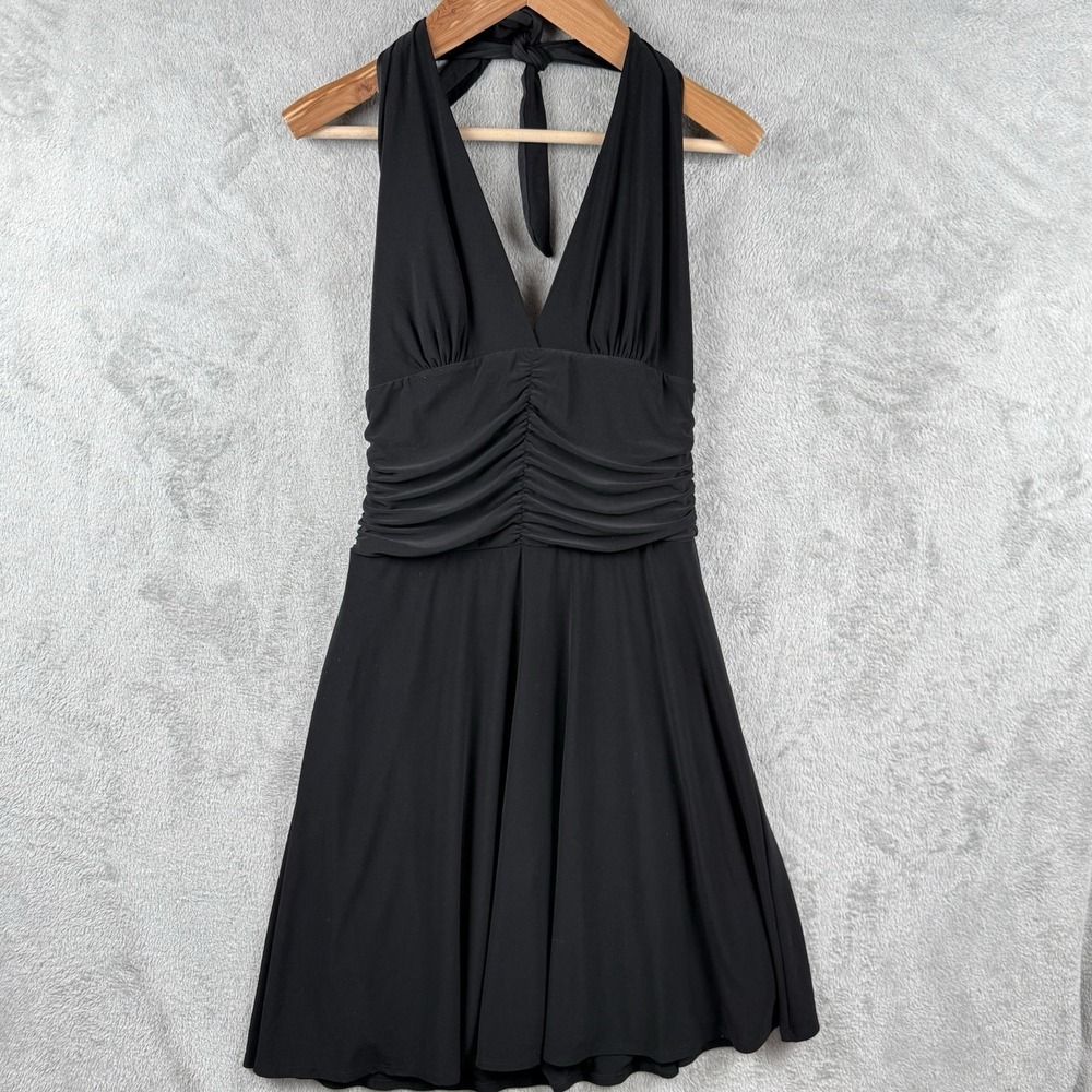 White House Black Market Halter Dress Womens M Black Cocktail Stretch A-Line Y2K